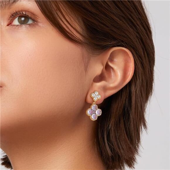 June Birthstone Alexandrite Clover Earrings | 14K Gold Plated Dangle Studs - Picture 3 of 5